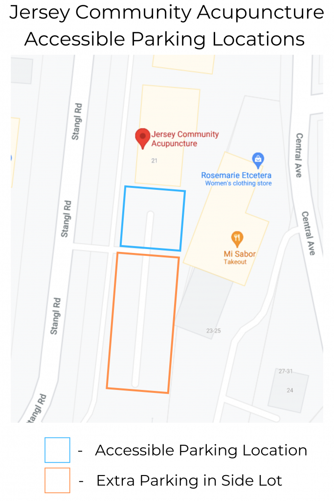 Map depicting the location of accessible parking on the left side of the JCA building. 