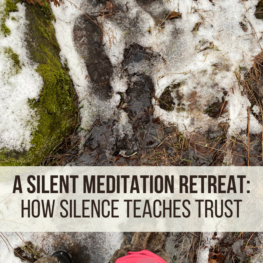 Image of footsteps in snow with the text - a silent meditation retreat - how silence teaches trust