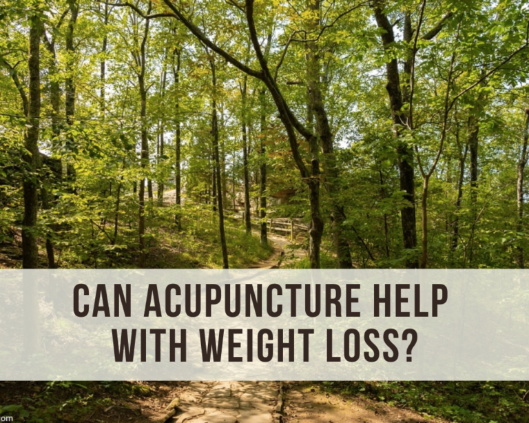 Forest Scene with text saying " Can acupuncture help with weight loss?"