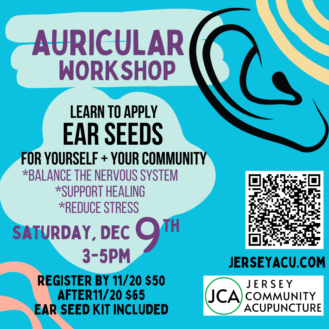 Flyer for auricular ear workshop stating the date time and what you will learn. Blue background with an ear on it.
