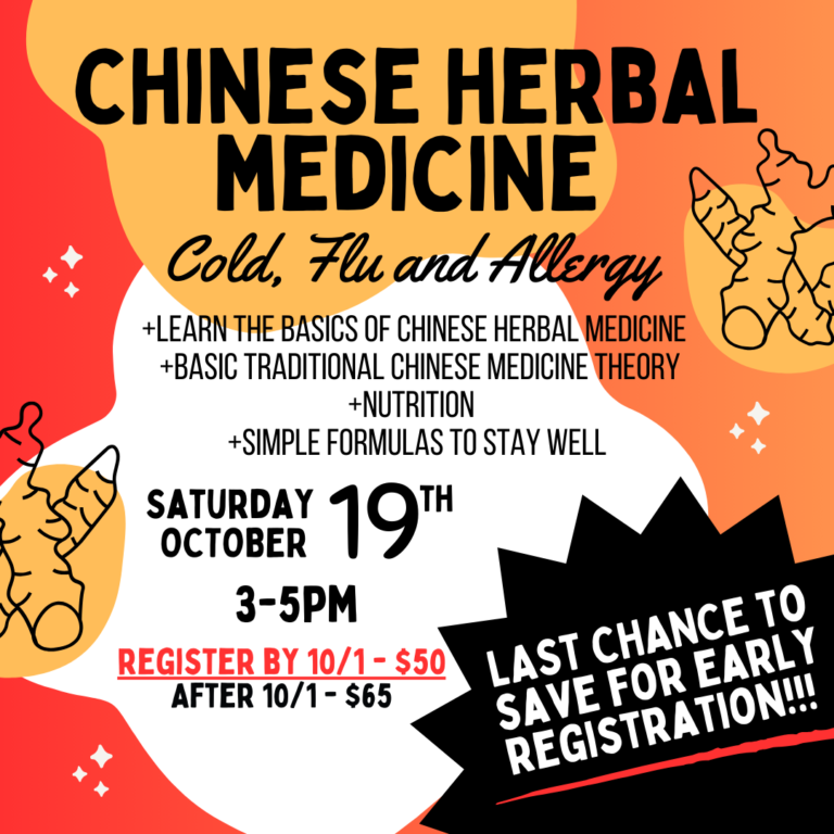 Orange and red flyer graphic for Chinese Herbal Medicine workshop with dates and ginger