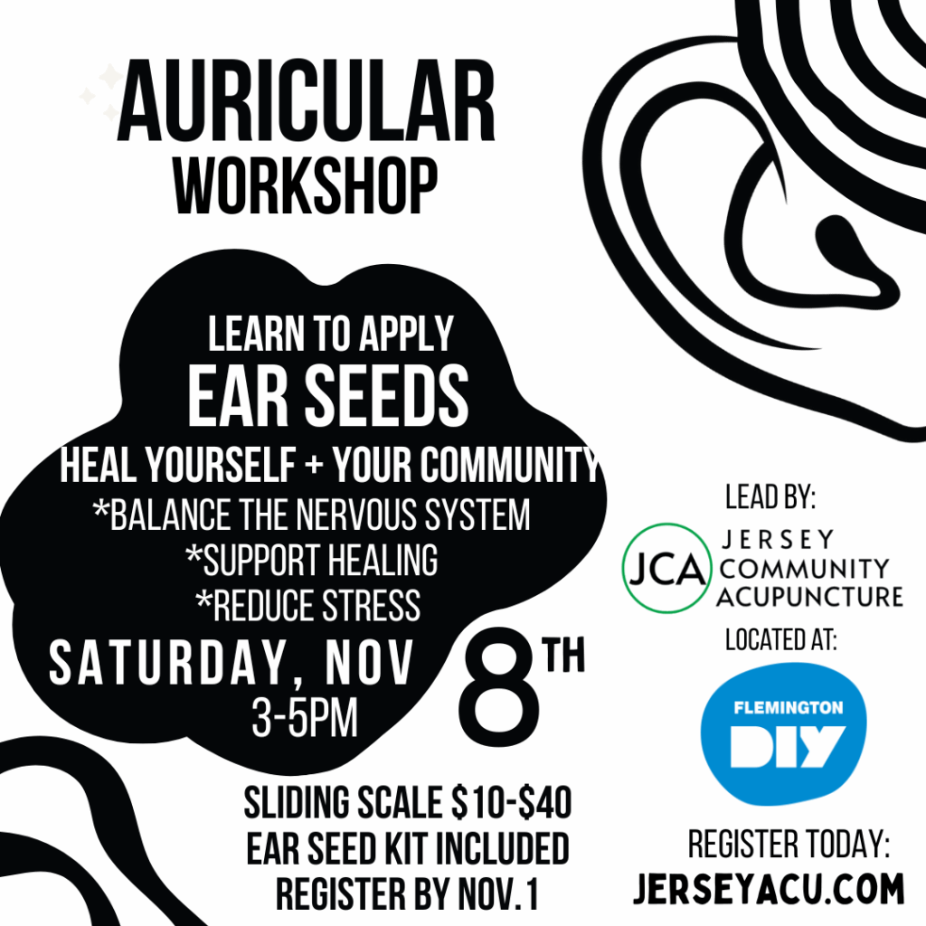 A flyer for an auricular ear seeds event with an ear on it and black and white graphic shapes