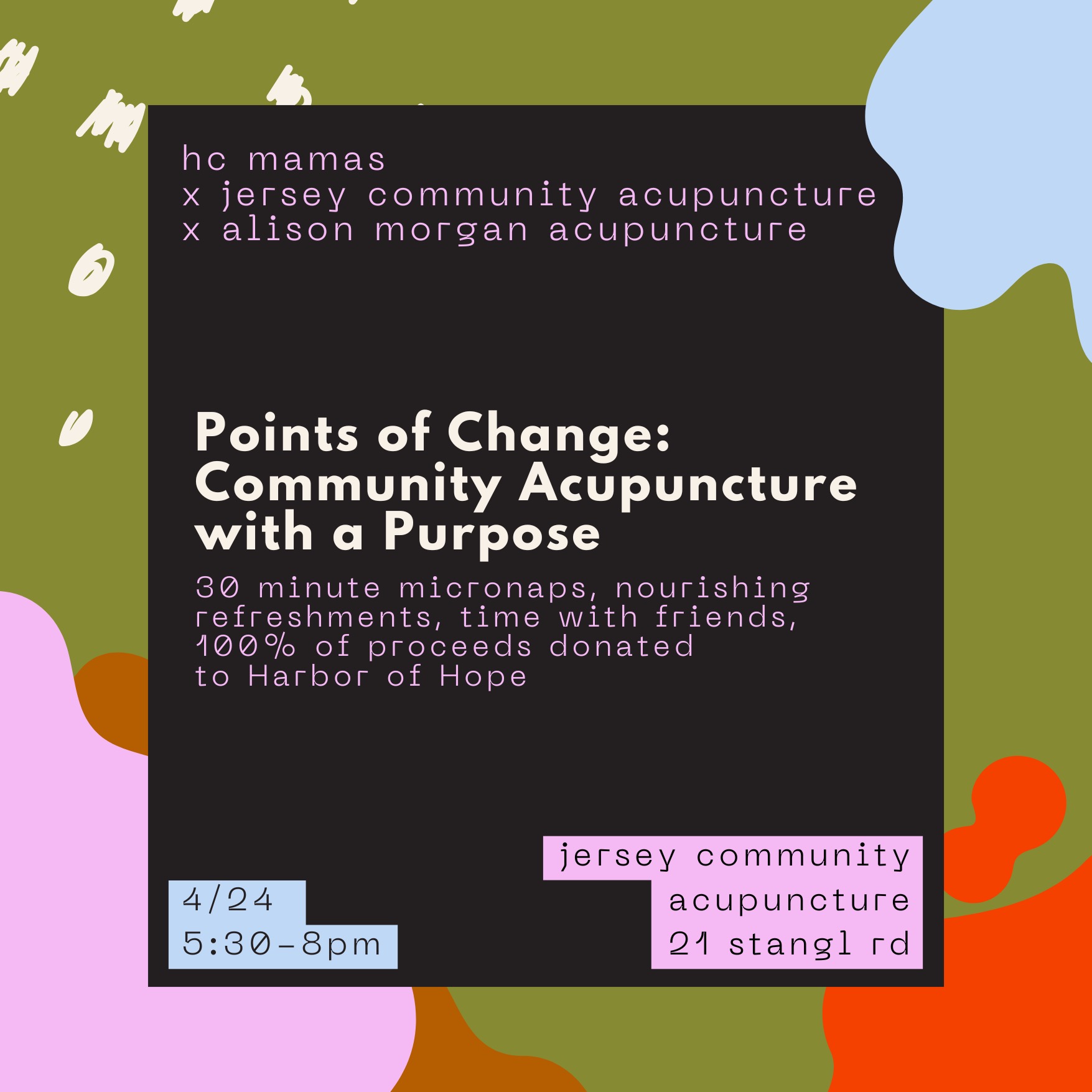 Image with color blocks to advertise a fundraiser for Harbor of Hope in Flemington NJ